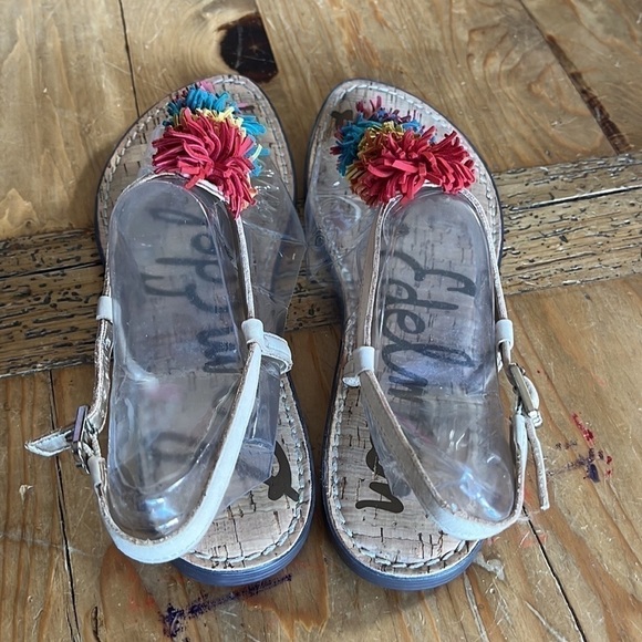 Sam Edelman Suede Multicolored Rainbow PomPom T-Strap Sandal Cream 9 - Picture 5 of 15